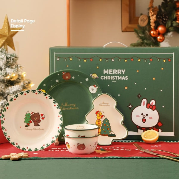 LINE FRIENDS - [聖誕特別版- 綠色] 陶瓷 盤碗套裝 [Christmas Edition - Green Color] Ceramic Plate & Bowl Set <LINE_0032>