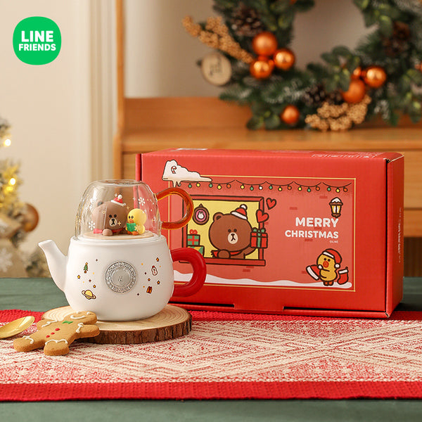 LINE FRIENDS - [聖誕特別版- 紅色] 陶瓷茶壺+玻璃杯子套裝 [Christmas Edition - Red Color] Ceramic Teapot + Glass Cup Set <LINE_0033>