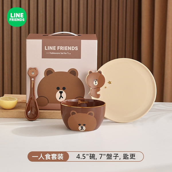 LINE FRIENDS - 一人陶瓷餐具禮盒套装 (4.5"碗+7"盤子+匙更) Ceramic Tableware Set (4.5" Bowl + Plate + Spoon)